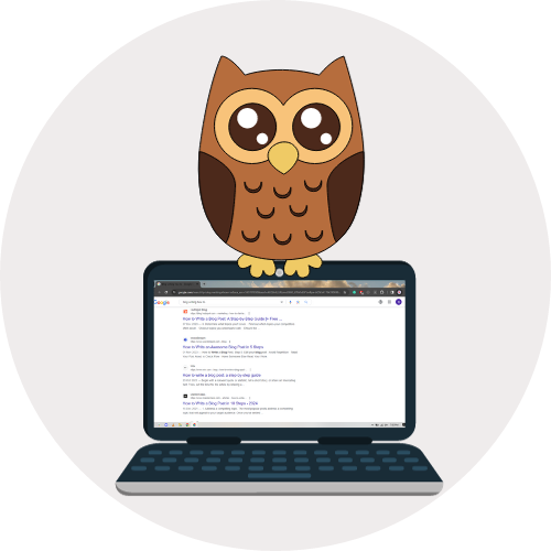 Cassia owl sitting on a laptop with a how to blog search