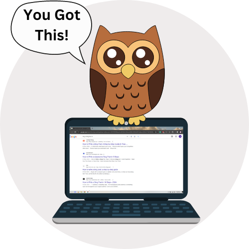 Cassia the owl sitting on laptop encouraging you to apply