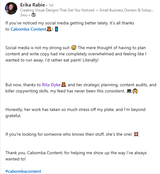 Social media management client testimonial